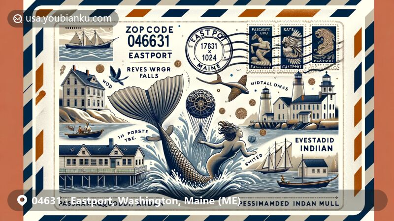 Creative illustration of Eastport, Maine, highlighting postal theme with ZIP code 04631, featuring landmarks like powerful tides, Old Sow whirlpool, Raye's Mustard Mill, and Passamaquoddy cultural elements.