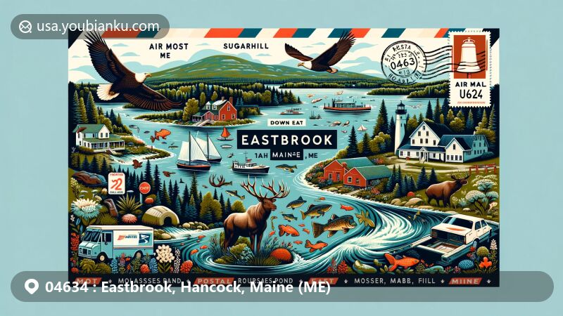 Modern illustration of Eastbrook, Hancock, Maine, postal theme with features like Molasses Pond, Sugarhill, Roaring Brook, Webb Pond, Abrams Pond, and Bull Hill, reflecting Down East Maine's scenic beauty and local wildlife.