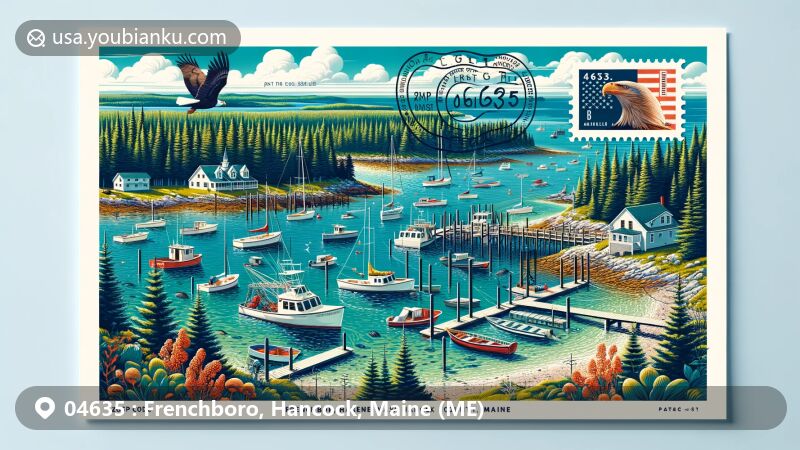 Modern illustration of Frenchboro, Hancock County, Maine, featuring Lunt Harbor with lobster fishing boats, spruce forests, bald eagle, rare coastal plants, and a charming post office, emphasizing postal theme with ZIP code 04635.