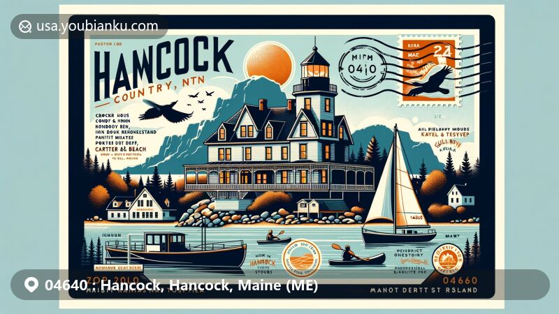 Modern illustration of Hancock, Maine, showcasing postal theme with ZIP code 04640, featuring Crocker House Country Inn, Ironbound Inn & Restaurant, Petit Manan National Wildlife Refuge, Hancock Point Kayak Tours, Gull Rock Pottery, and Carter's Beach.