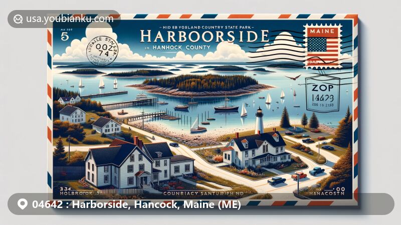 Modern illustration of Harborside, Hancock County, Maine, featuring coastal beauty, Holbrook Island Sanctuary State Park, historic Crocker House Country Inn, and Maine state symbols with ZIP code 04642.
