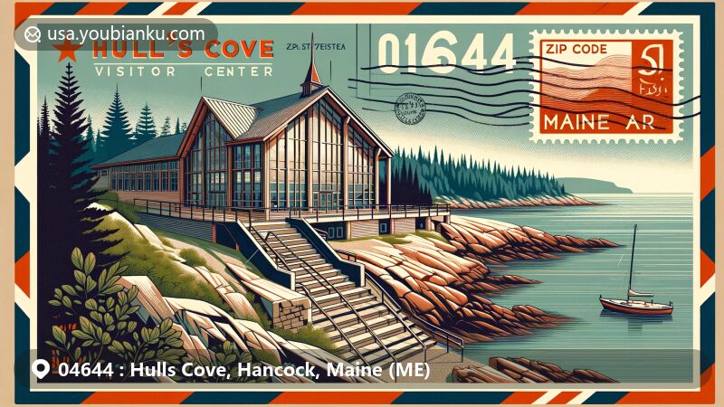 Modern illustration of Hulls Cove Visitor Center at Acadia National Park, showcasing unique architecture and famous 52 stone steps, set in a postcard style with ZIP code 04644 and Maine state flag elements.