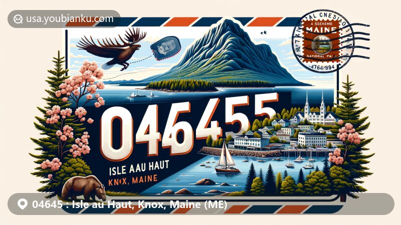 Modern illustration of Isle au Haut, Knox County, Maine, blending natural beauty with postal theme featuring ZIP code 04645, Mount Champlain, Penobscot Bay, and Acadia National Park elements.