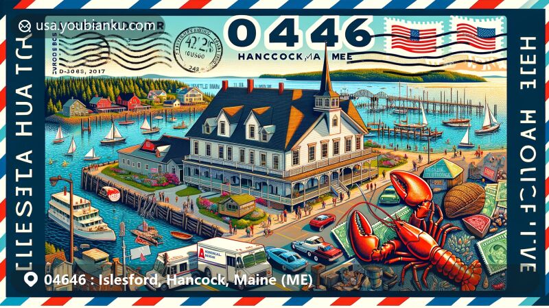 Modern illustration of Islesford, Hancock County, Maine, ZIP code 04646, featuring Islesford Historical Museum, Little Cranberry Island landscape, Maine state symbols like flag and lobster, in a postcard design with Maine-themed postage stamp and postmark.