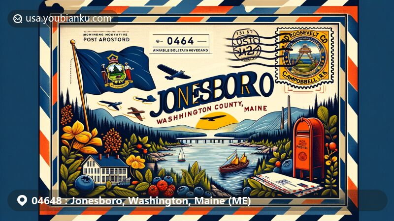 Modern illustration of Jonesboro, Washington County, Maine, highlighting postal theme with ZIP code 04648, featuring Maine's state flag, the picturesque St. Croix River, Roosevelt Campobello International Park, and wild blueberries.