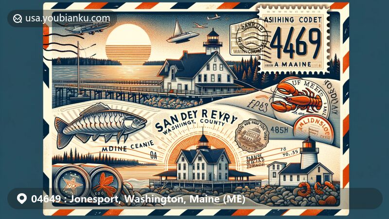Modern illustration of Jonesport, Washington County, Maine, highlighting coastal beauty with Sandy River Beach at sunrise, Maine Coast Sardine History Museum with vintage labels, and Ruggles House.