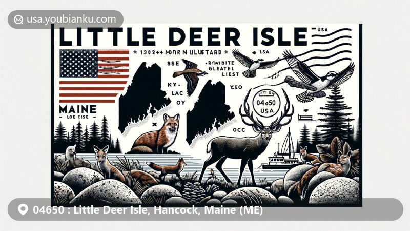 Modern illustration of Little Deer Isle, Maine, showcasing granite geology, wildlife like deer and ospreys, postal elements with ZIP code 04650, and Maine state flag.