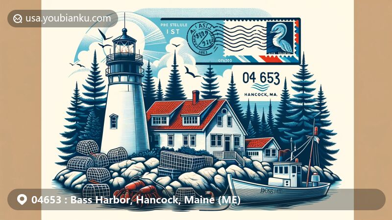Modern illustration of Bass Harbor, Hancock, Maine, featuring iconic Bass Harbor Head Lighthouse on rocky cliffs surrounded by evergreen trees, lobster fishing industry elements like boats and traps, and vintage airmail envelope with '04653' postal mark.