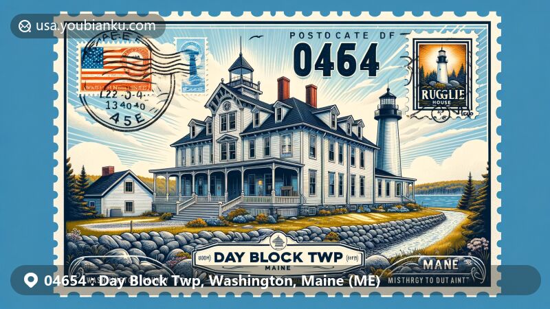 Modern illustration of Ruggles House in Day Block Twp, Washington County, Maine, showcasing historic Federal-style residence and scenic Maine backdrop, with vintage postage stamp featuring iconic lighthouse and postal mark with ZIP code 04654.