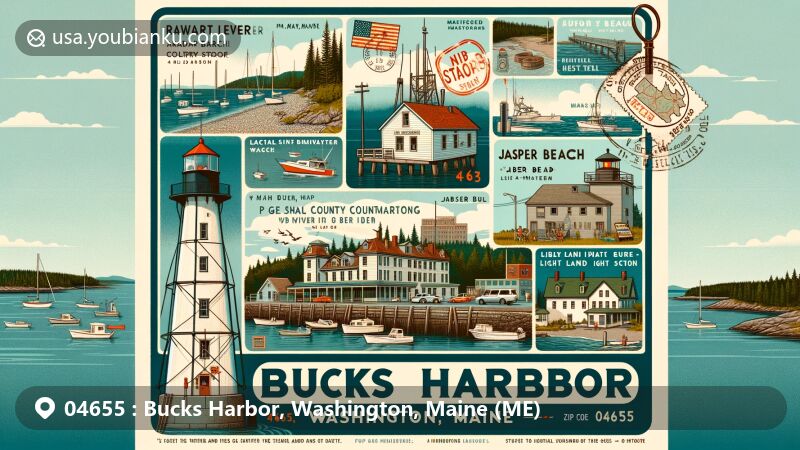 Modern illustration of Bucks Harbor, Washington County, Maine, with fishing village, historical radar station, Jasper Beach, Fort O'Brien, Libby Island lighthouse, Bucks Harbor Yacht Club, postmark, and ZIP code 04655.