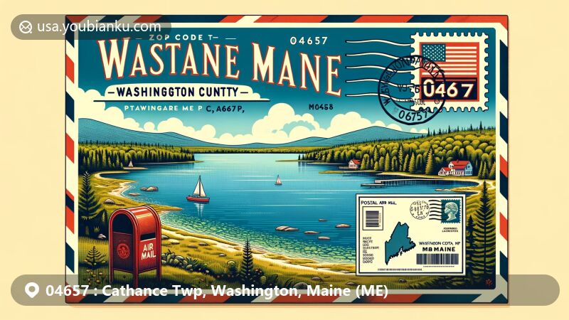 Modern illustration of Cathance Lake, Cathance Twp, Washington County, Maine, showcasing picturesque scenery and vintage postal theme with ZIP code 04657, including Maine state flag and classic red mailbox.