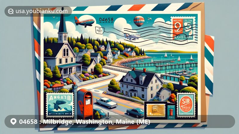 Modern illustration of Milbridge, Washington, Maine, capturing the beauty of nature near Narraguagus River, with vintage postal elements like '04658' stamp, air mail envelope, and classic mailbox.