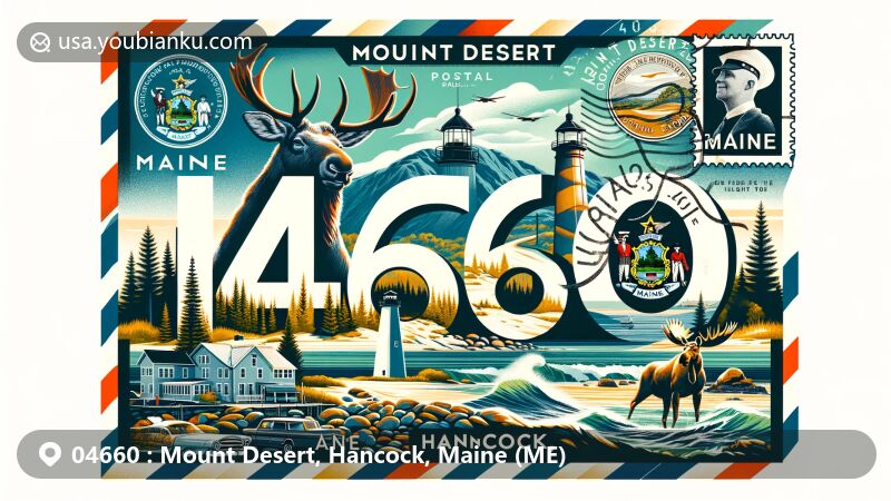 Modern illustration of Mount Desert, Hancock, Maine, showcasing postal theme with ZIP code 04660, featuring lighthouse and maritime heritage, Eastern white pine, moose, Maine state flag, and vintage postal elements.