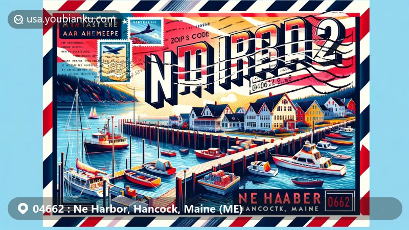 Eye-catching illustration of Northeast Harbor, Hancock County, Maine, featuring postal theme with ZIP code 04662, showcasing maritime heritage with docked boats and Maine state symbols.