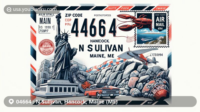 Modern illustration of N Sullivan, Hancock, Maine (ME), depicting air mail envelope with ZIP code 04664, featuring Maine state flag and granite sculpture, vintage lobster postage stamp, and airmail border.