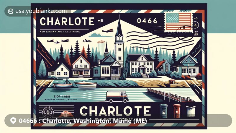 Modern illustration of Charlotte, Washington County, Maine, featuring ZIP code 04666, showcasing New England architecture and Maine's natural landscapes, with forests and lakes, combined with postal elements like stamps, postmarks, mailboxes, and mail trucks.