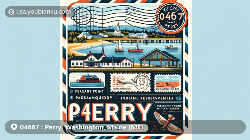 Modern illustration of Perry, Maine, highlighting ZIP code 04667, featuring St. Croix River, Passamaquoddy Bay, Waponahki Museum, Pleasant Point Passamaquoddy Indian Reservation, and postal elements.