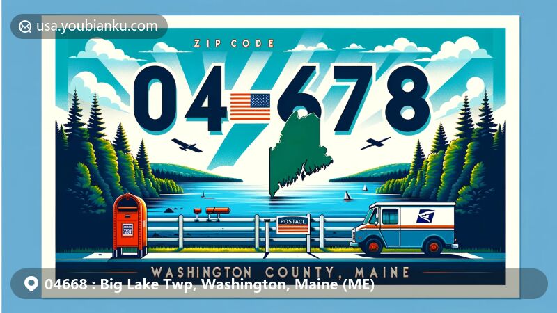 Modern illustration of Big Lake Twp, Washington County, Maine, highlighting Big Lake surrounded by lush greenery and featuring Maine state silhouette, colors of state flag, and postal symbols with ZIP code 04668.