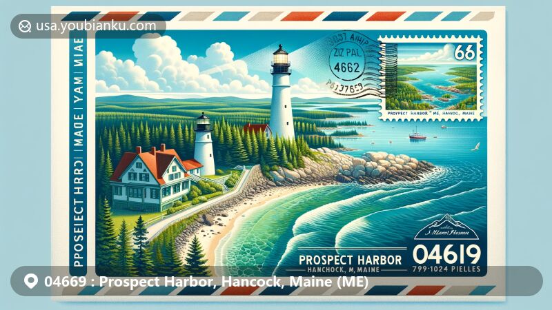 Modern illustration of Prospect Harbor, Hancock County, Maine, featuring airmail envelope with ZIP code 04669, showcasing iconic lighthouse and scenic Schoodic Peninsula.