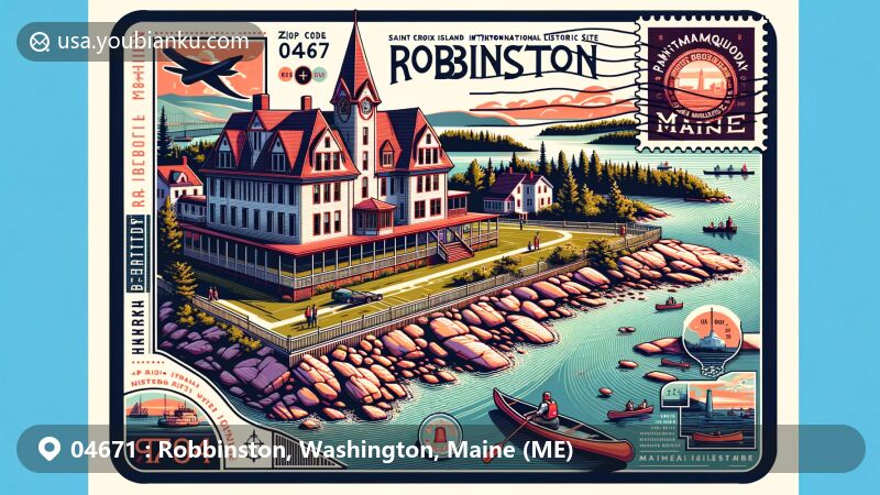 Modern illustration of Robbinston, Maine, showcasing picturesque St. Croix River and Passamaquoddy Bay, featuring Henrietta Brewer House (Redclyffe Motel) in Gothic Revival style. Includes Saint Croix Island International Historic Site and outdoor activities.