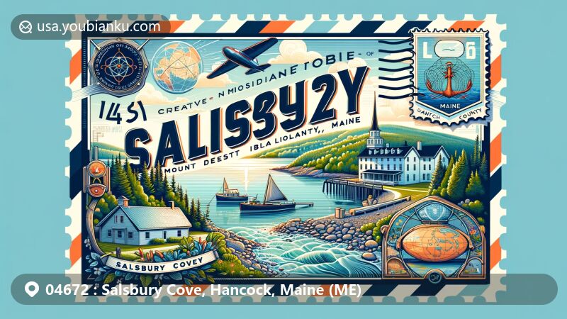 Modern illustration of Salsbury Cove, Hancock County, Maine, featuring airmail envelope with ZIP code 04672, showcasing Mount Desert Island Biological Laboratory and Maine state symbols.