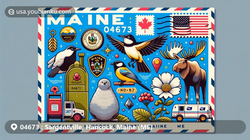 Modern illustration of Sargentville, Hancock County, Maine, showing postal theme with ZIP code 04673, featuring state symbols such as Moose, Black-capped Chickadee, White Pine Cone and Tassel, and Tourmaline, along with the Maine state flag.
