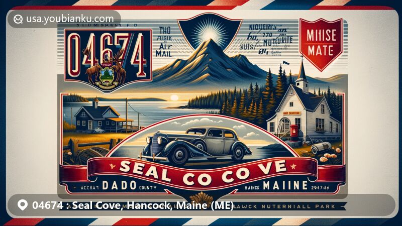 Modern illustration of Seal Cove, Hancock County, Maine, showcasing vintage air mail envelope design with Seal Cove Auto Museum, Cadillac Mountain from Acadia National Park, and Maine state flag with ZIP code 04674.
