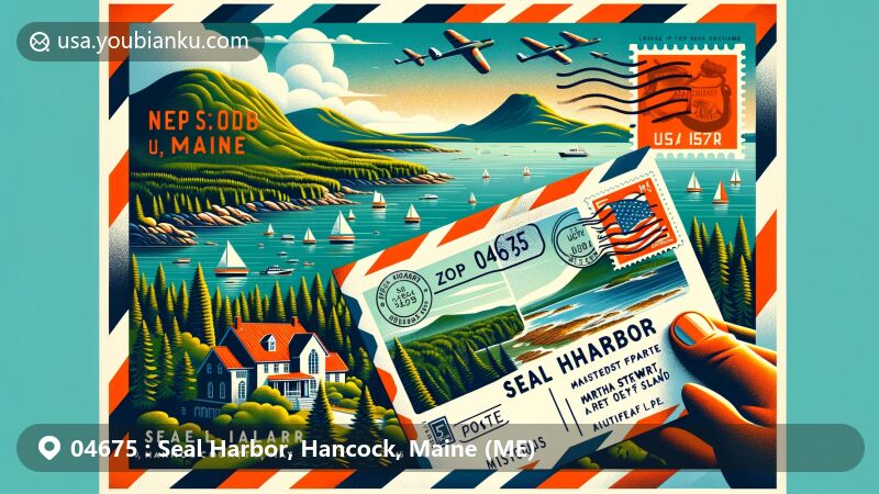 Modern illustration of Seal Harbor, Hancock County, Maine, showcasing postal theme with ZIP code 04675, featuring Skylands estate and Maine state symbols.