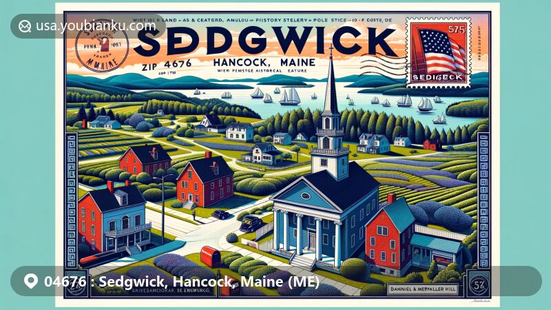 Modern illustration of Sedgwick, Hancock, Maine, showcasing Sedgwick Historic District with 1793 meeting house and Daniel Merrill House, panoramic views from Caterpillar Hill, including Penobscot Bay, blueberry fields, and Camden Hills, featuring postal elements with ZIP code 04676.