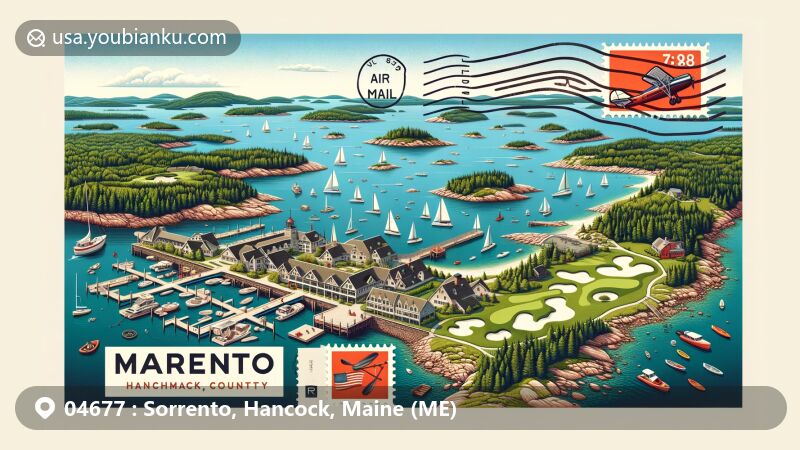 Modern illustration of Sorrento, Hancock County, Maine, resembling an air mail envelope featuring scenic harbor, Frenchman Bay view, golf course, nature preserves, kayaking, fishing gear, with postal elements like stamp, postmark, and ZIP code 04677.