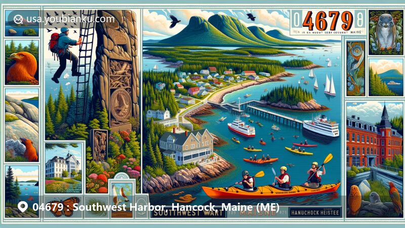 Modern illustration of Southwest Harbor, Hancock County, Maine, featuring iconic landmarks and activities, such as Acadia National Park, Beech Cliff Trail, Mansell Mountain, Maine State Sea Kayak tour, Wendell Gilley Museum, Charlotte Rhoades Butterfly Park, and postal elements with ZIP code 04679.