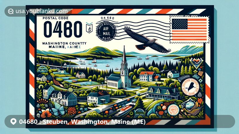 Modern illustration of Steuben, Washington County, Maine, showcasing postal theme with ZIP code 04680, featuring Pigeon Hill, Acadia National Park's Schoodic Peninsula, and town's iconic buildings.