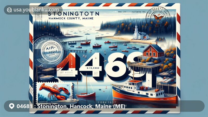 Modern illustration of Stonington, Hancock County, Maine, showcasing postal theme with ZIP code 04681, featuring lobster boats, coastal charm, and cultural landmarks like the Stonington Opera House and Crockett Cove Woods Preserve.