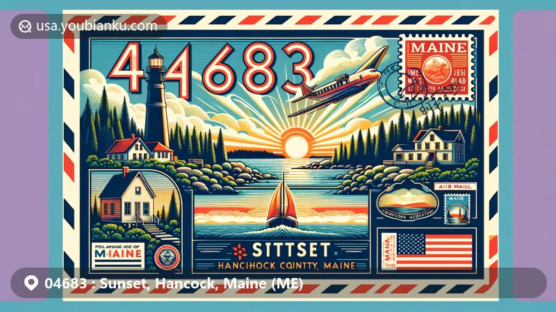 Modern illustration of Sunset, Hancock County, Maine, featuring ZIP code 04683, showcasing coastal scenery, lighthouse, and pine trees, symbolizing the natural beauty of Maine, with a stylized Maine state flag and vintage postal elements.