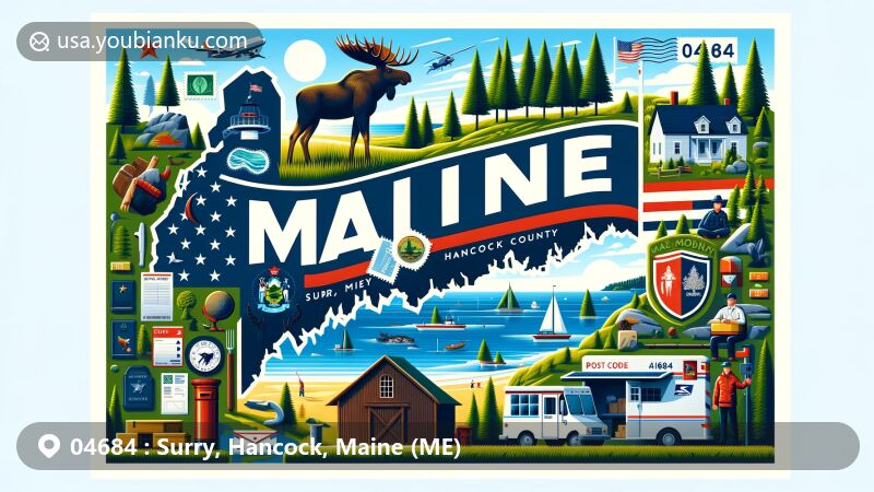 Modern illustration of Surry, Hancock County, Maine, showcasing coastal views and green landscapes, featuring Maine state symbols with a moose, farmer, seaman, and North Star under a pine tree, along with postal elements like stamps and a postmark with '04684 ZIP Code'.