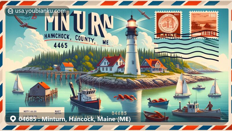 Modern illustration of Minturn, Hancock County, ME, showcasing Swan's Island scenic beauty, Burnt Coat Harbor Light Station, lobster fishing, and postal elements with ZIP code 04685, capturing the essence of small village charm and natural landscapes.