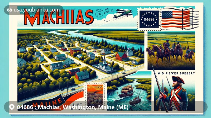Modern illustration of Machias, Washington County, Maine, resembling an air mail postcard, highlighting landmarks like Burnham Tavern, Machias River, and wild blueberry fields, with a depiction of 1775 Battle of Machias, capturing area's historical significance.