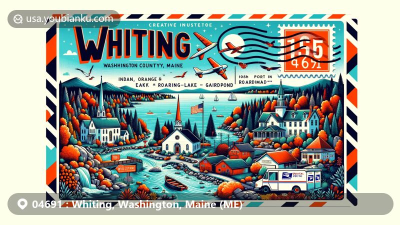 Modern illustration of Whiting, Washington County, Maine, showcasing postal theme with ZIP code 04691, featuring Indian Lake, Orange Lake, Rocky Lake, Roaring Lake, Gardner Lake, Millpond, and Millpond Dam, along with Maine state symbols.