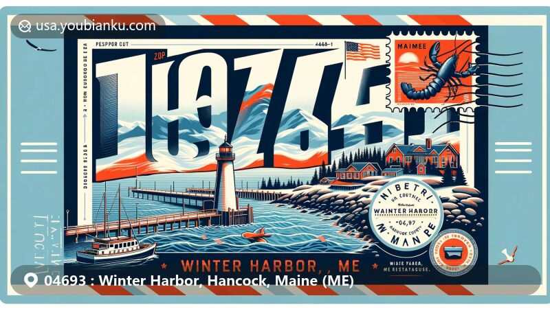 Modern illustration of Winter Harbor, Hancock County, Maine, capturing scenic beauty of Schoodic Peninsula, featuring iconic Maine state flag, airmail-style design with lobster stamp, and postal theme with ZIP code 04693.