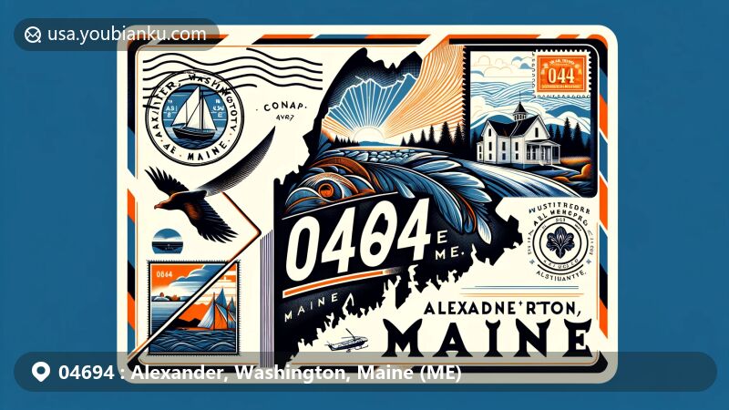 Modern illustration of Alexander, Washington County, Maine, showcasing postal theme with ZIP code 04694, featuring a stylized airmail envelope and local cultural elements, including a silhouette of Maine and the town of Alexander.