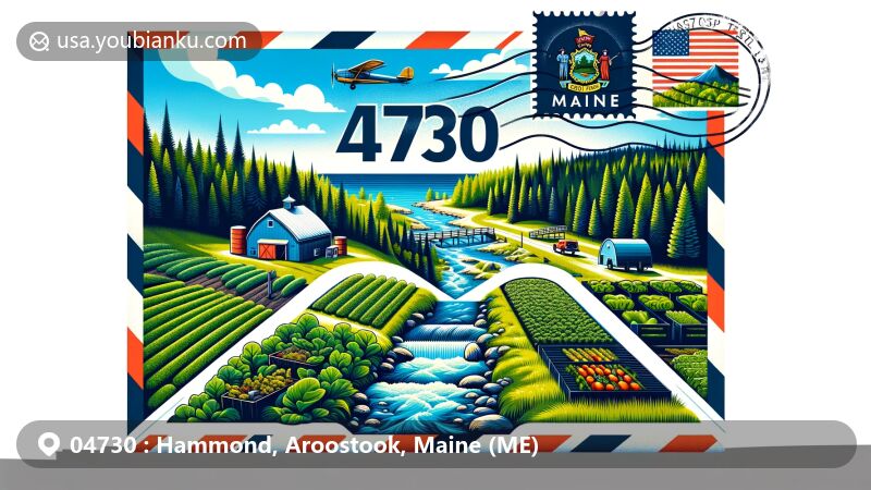 Modern illustration of Hammond, Aroostook, Maine, with aeronautical envelope shape highlighting natural beauty and agricultural heritage of Aroostook County, featuring organic vegetable farm, traditional farming tools, and picturesque stream and forest.