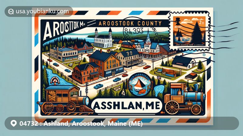 Modern illustration of Ashland, Aroostook County, Maine, featuring postal-themed postcard with ZIP code 04732, showcasing scenic views, historical buildings, town streets, and cultural diversity.