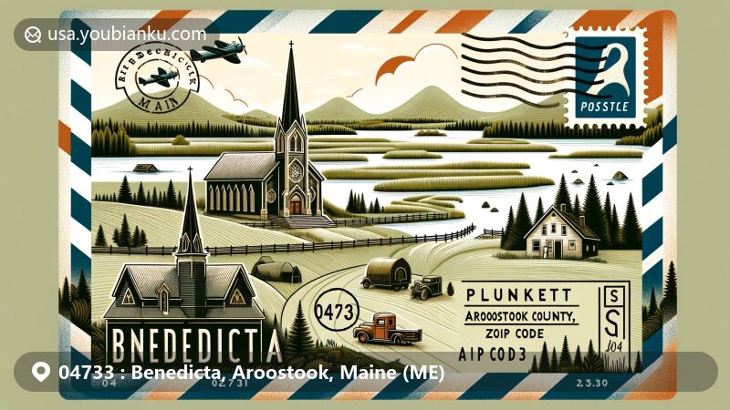 Modern illustration of Benedicta, Aroostook County, Maine, featuring the picturesque Catholic church, rural American scenery, and Plunkett Pond, presented in postcard or airmail envelope format with ZIP Code 04733.