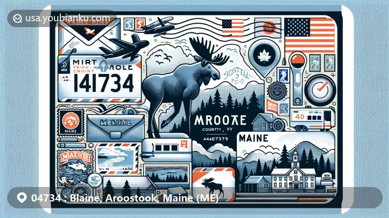 Modern illustration of Blaine, Aroostook County, Maine, featuring postal theme with ZIP code 04734, showcasing postcard, air mail envelope, stamps, postmarks, and moose symbolizing Maine wildlife.
