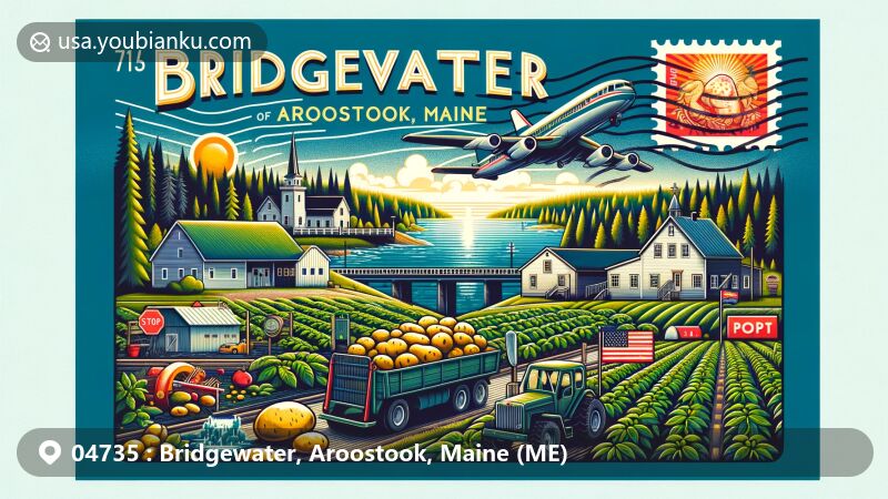 Modern illustration of Bridgewater, Aroostook County, Maine, inspired by the U.S. ZIP Code 04735, depicting rural landscape and potato farming, with nods to Acadian culture and the Maine state flag.