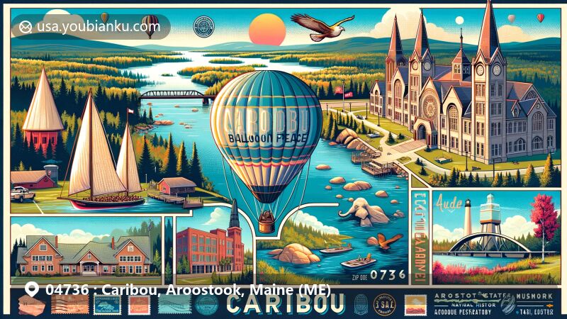 Modern illustration of Caribou, Maine, showcasing Rosie O'Grady Balloon of Peace Park, Caribou Public Library, Aroostook River, Acadian Village, Nylander Museum, and Lake George Region, with postal theme featuring ZIP code 04736.