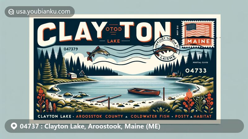 Modern illustration of Clayton Lake, Aroostook County, Maine, celebrating postal theme with ZIP code 04737, showcasing state flag and natural habitat, embodying coldwater fish ecosystem.