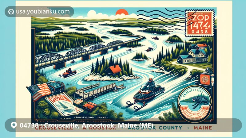 Modern illustration of Crouseville, Aroostook County, Maine, featuring Aroostook River with Crouse Island, Churchill Island, and Bull Island, incorporating snowmobile trails and vintage postcard design with postal elements.