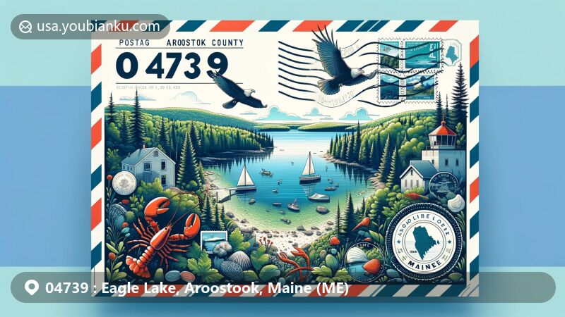Modern illustration of Eagle Lake, Aroostook County, Maine, capturing the picturesque landscape with postal theme containing ZIP code 04739, featuring lush greenery, wildlife, stamps, and Maine state symbols.