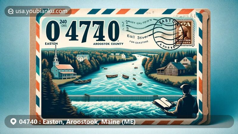 Vintage illustration of Easton, Aroostook County, Maine, capturing scenic St. John River and historical settlement, featuring postal theme with prominent ZIP code 04740 and postal elements.